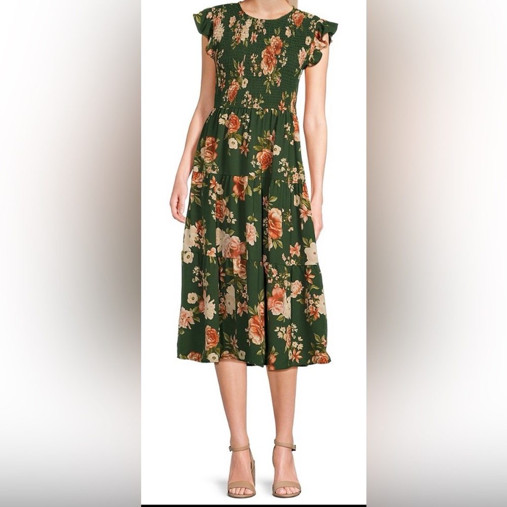 Green Floral Tiered Midi Dress